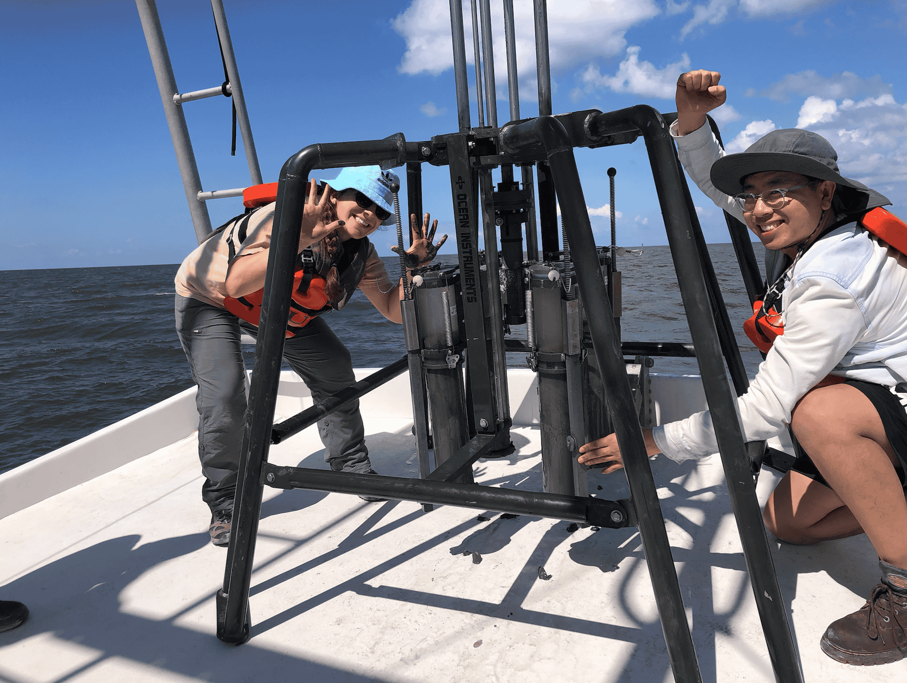 Students on a boat doing field work